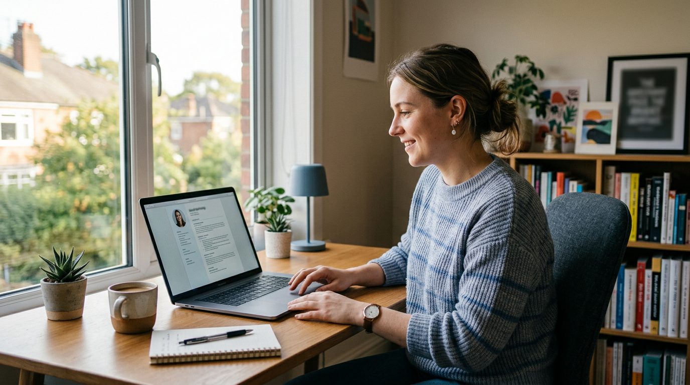 A freelance designer reviewing an AI-generated application pack on a laptop at a home desk